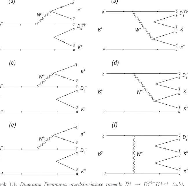 Rysunek 1.1: Diagramy Feynmana przedstawiające rozpady B + → D s (∗)− K + π + (a,b), B − → D s + K − K − (c,d) oraz B 0 → D s − K S0 π + (e,f ).