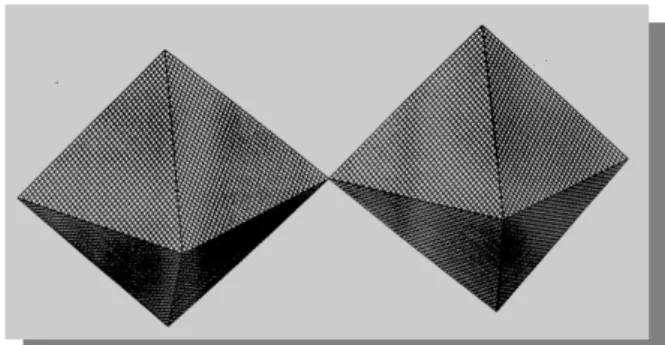 Rysunek  3  przedstawia  schematyczną  budowę  anionu  Bi 2 X 11   dla  X = Cl,  Br.  Jon  Bi 2 X 11 zbudowany jest z dwóch oktaedrów (ośmiościanów prawidłowych) w wierzchołkach których  znajdują  się  atomy  chloru  Cl,  dla  ferroelektryka  MAPCB,  lub  