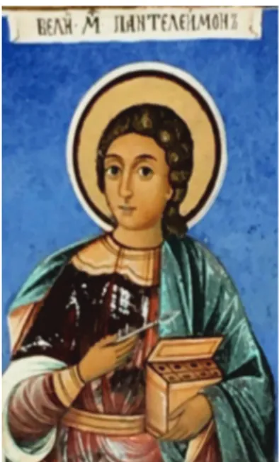 Figure 1. St. Panteleimon, one of the saint healers in the Eastern Orthodox religion, as depicted   at the Rila Monastery in Bulgaria