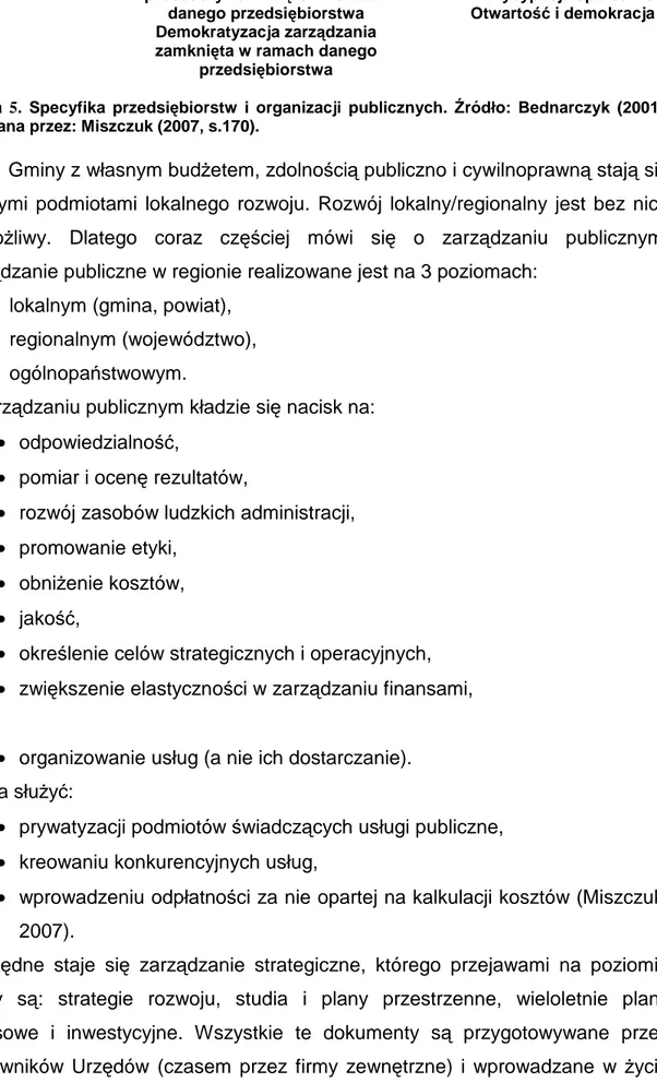Tabela  5.  Specyfika  przedsiębiorstw  i  organizacji  publicznych.  Źródło:  Bednarczyk  (2001),  cytowana przez: Miszczuk (2007, s.170)