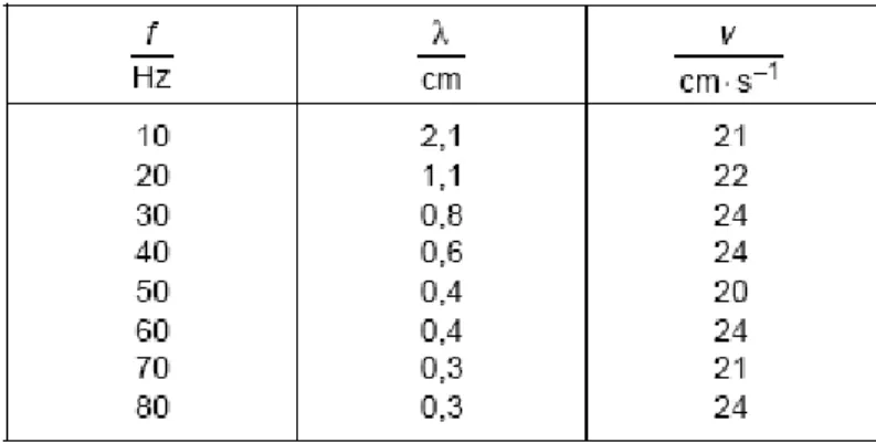 Tabela 1.  Długość fal  λ  i prędkość przemieszczenia się fali w zależności   od częstotliwości f wytwornicy 