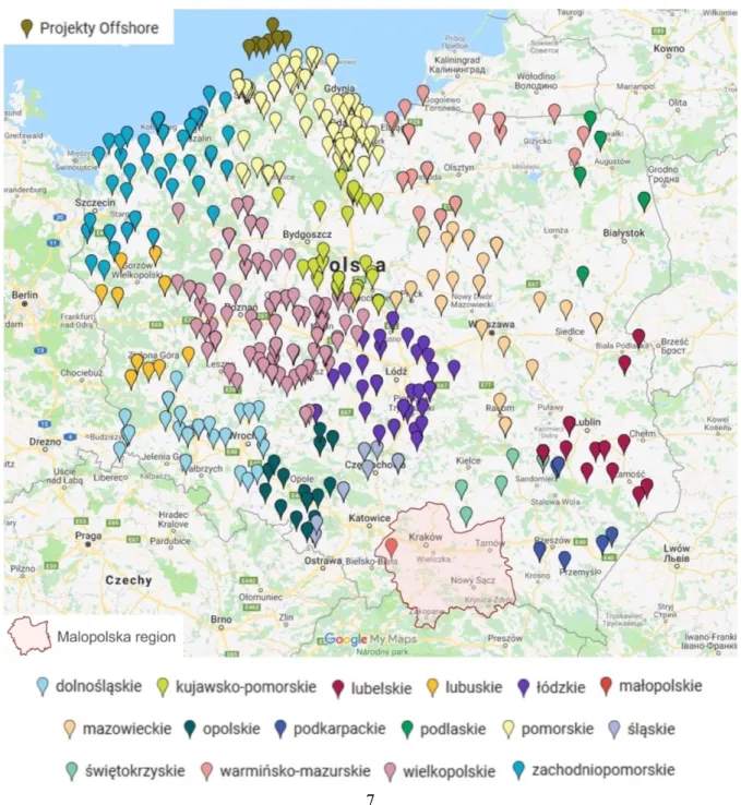 Fig. 6. Locations of currently implemented wind projects in Poland’s regions (URE 2018) 