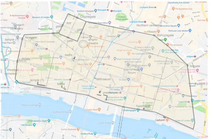 Fig. 7. Widok z Google Maps, Londyn, Wielka Brytania, 2018. Na aktualną mapę miasta został nałożony  uproszczony zarys historycznej mapy Londynu, , szkic do projektu Kryształ masy (Anna Jochymek, 2019)