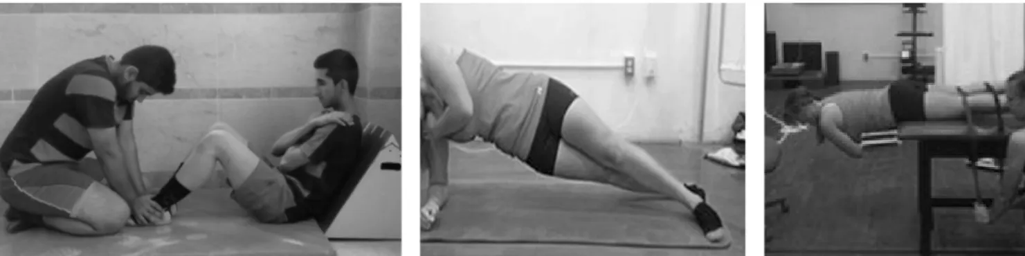 Figure 1. How to perform a McGill core stability test (from left to right: trunk flexion test, side bridge test, Sorenson test)