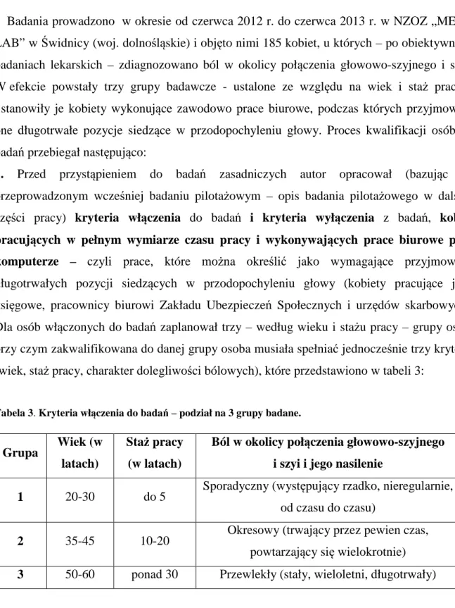 Tabela 3. Kryteria włączenia do badań – podział na 3 grupy badane.  