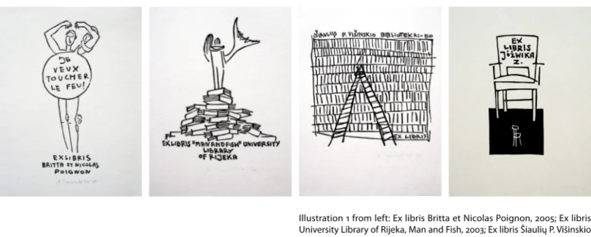 Illustration 1 from left: Ex libris Britta et Nicolas Poignon, 2005; Ex libris  University Library of Rijeka, Man and Fish, 2003; Ex libris Šiaulių P