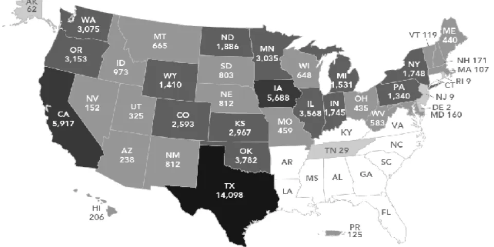 Fig. 2. U.S. Wind Power Capacity installations by State. Source: www.energy.gov (Energy,  2016) 
