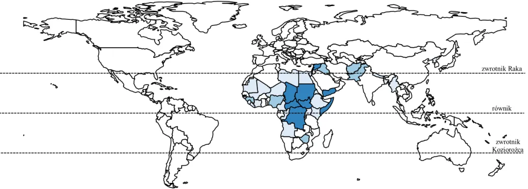 Rysunek 2. Mapa świata z zaznaczonymi państwami upadłymi i upadającymi zgodnie z Fragile State Index 