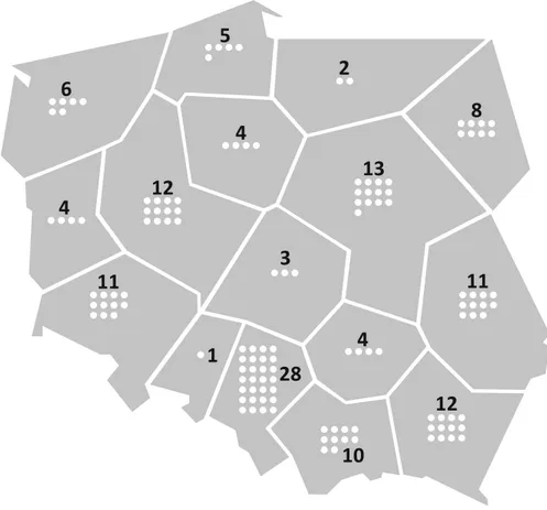 Rysunek 12. Mapa organizacji klastrowych w Polsce z podziałem na regiony 