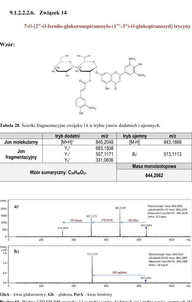 Tabela 28. Ścieżki fragmentacyjne związku 14 w trybie jonów dodatnich i ujemnych. 