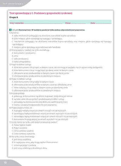 Test sprawdzający 1. Podstawy gospodarki rynkowej