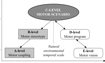 Figure 2.  The  inverted  V-principle.  To  the  left  of  C-level  motor  scenario  (“client”) there are the “subordinates”, and to the right of it – the “contractors”