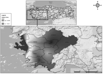 Fig. 3  The location of the Aegean Region in Turkey (above) and graphic representation of  the area (two-dimensional) (bottom) 