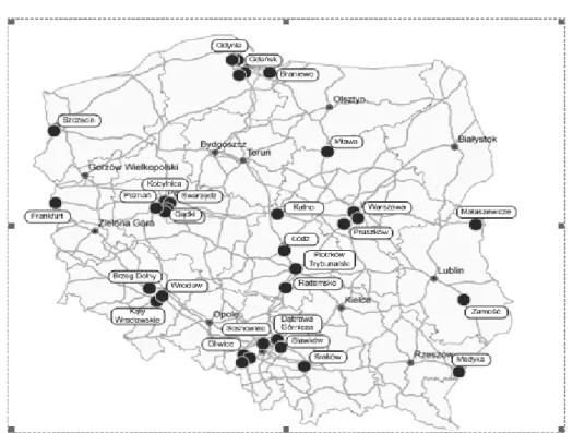 Fig. 1  Network of existing container terminals in Poland (Hajdul, 2012, p. 95) 