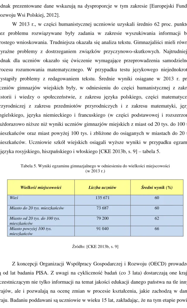 Tabela 5. Wyniki egzaminu gimnazjalnego w odniesieniu do wielkości miejscowości   (w 2013 r.) 
