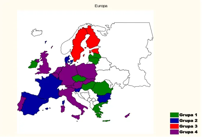 Rysunek  17  Skupienia  państw  członkowskich  Unii  Europejskiej  względem  zasobów  ziemi rolniczej w 2010 r