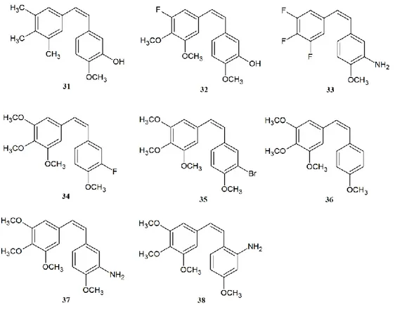 Rysunek 23. Wybrane analogi CA-4 modyfikowane w pierścieniu A i B 