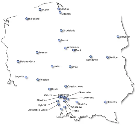 Rysunek 2. Dystrybucja przestrzenna przebadanych podmiotów   gospodarczych (kwiecień–maj 2013) 