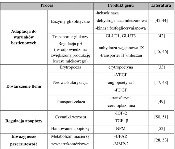 Tabela 1. Wybrane geny indukowane przez HIF posiadające sekwencję HRE w regionie promotora.