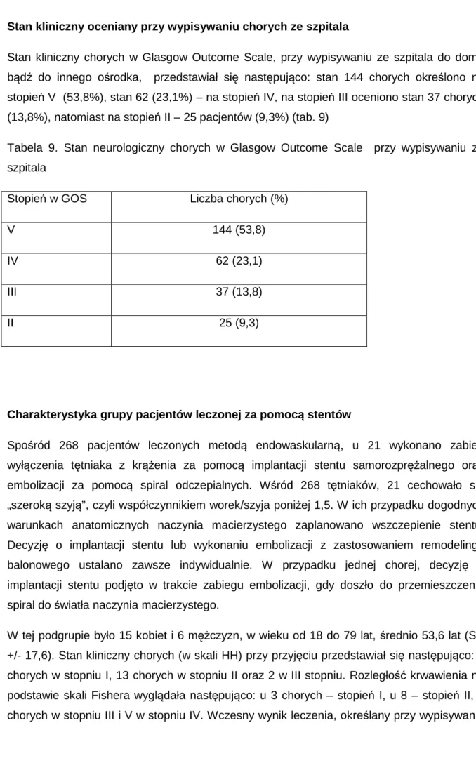 Tabela  9.  Stan  neurologiczny  chorych  w  Glasgow  Outcome  Scale    przy  wypisywaniu  ze  szpitala  