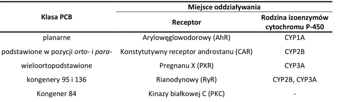 Tabela 5. Interakcje wybranych PCB z receptorami i enzymami. 