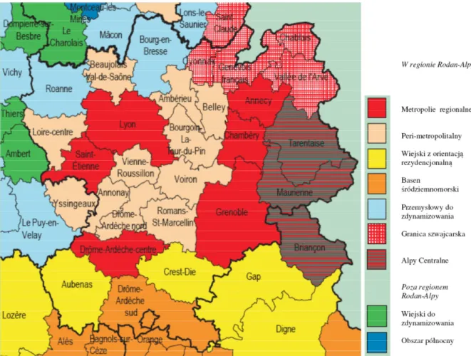 Mapa 4.2. Podział regionu Rodan-Alpy na obszary zatrudnienia ze względu na ich atrakcyjność  Źródło: INSEE Rhône-Alpes 2010a, s