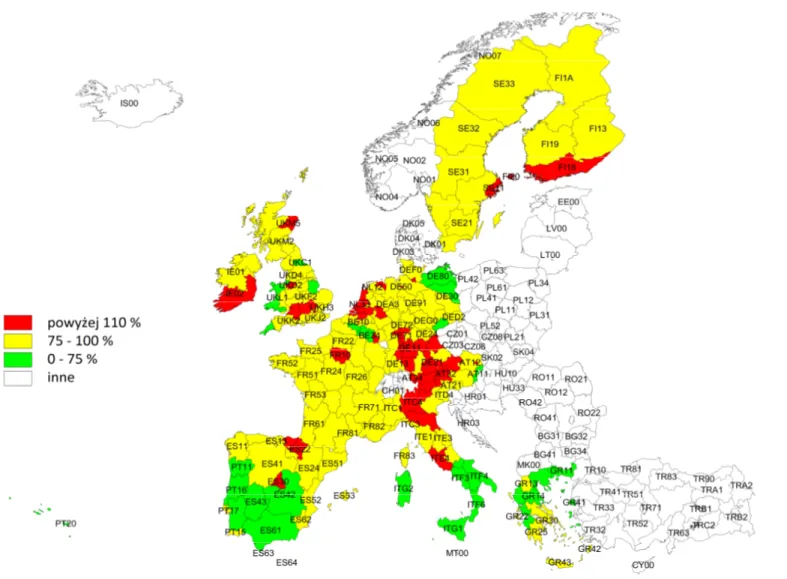 Rysunek 7. Poziom PKB per capita PPS w regionach NUTS 2 w roku 2008 jako procent średniej EU-15 