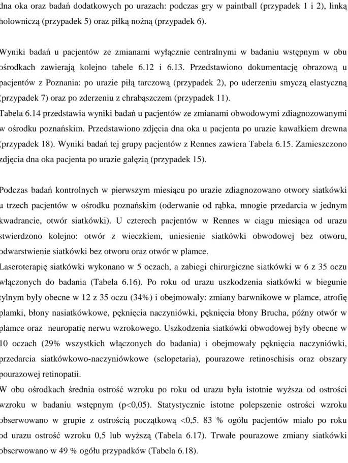 Tabela 6.14 przedstawia wyniki badań u pacjentów ze zmianami obwodowymi zdiagnozowanymi  w ośrodku poznańskim