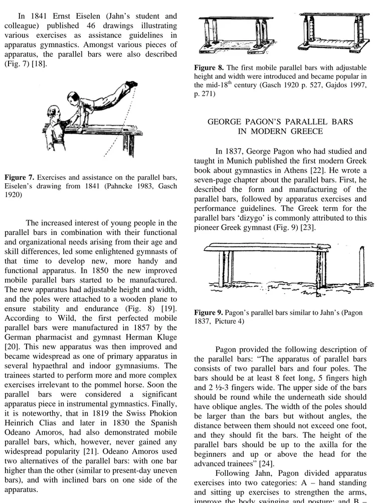 Figure 7. Exercises and assistance on the parallel bars,  Eiselen’s drawing from 1841 (Pahncke 1983, Gasch  1920) 