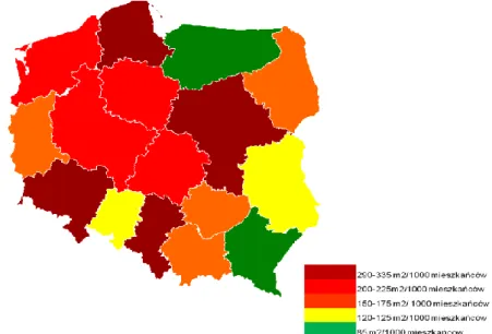 Rysunek  1.1.  Podaż  nowoczesnej  powierzchni  handlowej  w  m 2   na  1000  mieszkańców  w  podziale  na  poszczególne  województwa,  stan  na  koniec  2008r