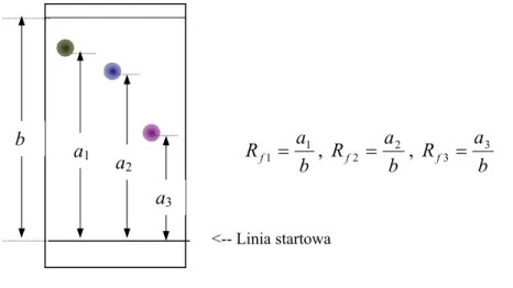 Rysunek 6 Przykład chromatogramu TLC trzech związków różniących się parametrem R f . 