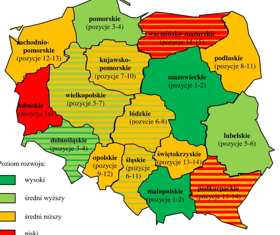 Rysunek 3.6.  Przestrzenne  zróżnicowanie  poziomu  kapitału  ludzkiego  w  województwach  Polski w 2017 r