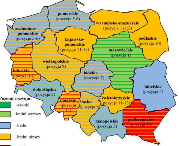 Rysunek 3.3.  Przestrzenne  zróżnicowanie  poziomu  kapitału  ludzkiego  w  województwach  Polski w 2006 r