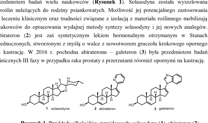 Rysunek 1. Przykłady alkaloidów steroidowych: solasodyna (1), abirateron (2)   oraz galeteron (3)