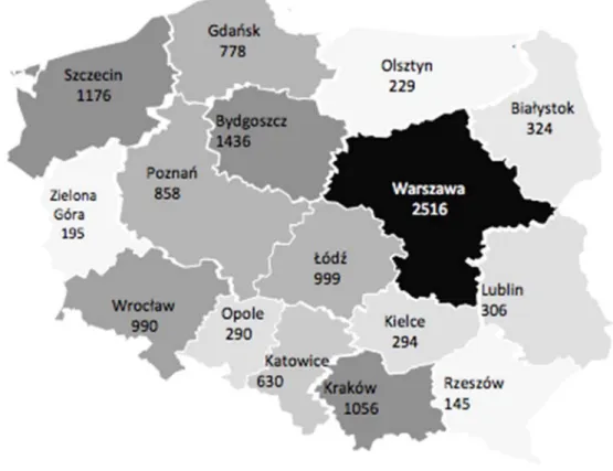 Rysunek 2. Mapa Polski z liczbą osób bezdomnych przebywających w stolicach województw  w 2015 r
