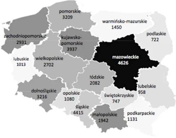 Rysunek 3. Mapa Polski z liczbą osób bezdomnych przebywających województwach w 2015 r