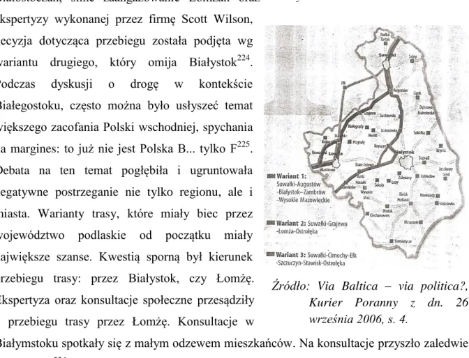Mapa  4.  Trzy  najbardziej  prawdopodobne warianty przebiegu  trasy Via Baltica 