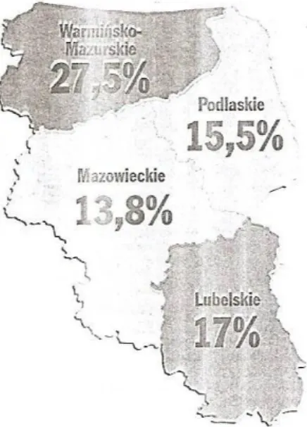 Mapa 5. Stopa bezrobocia w  pięciu  województwach  w  Polsce w 2005 roku 