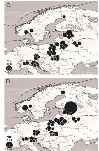 Figure  1.  The  locations  of  49  investigated  European  populations  (A)  and  the  geographic  distribution (hatched area) of Malaxis monophyllos in Eurasia and North America [modified  from Hultén and Fries (1986) and Vakhrameeva et al