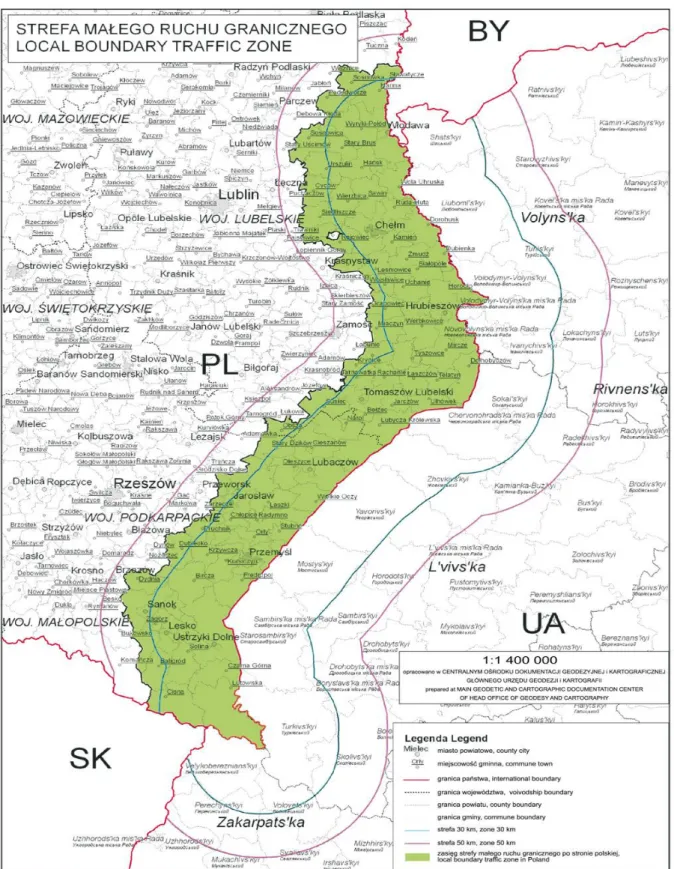 Mapa obszaru strefy przygranicznej na granicy między Rzecząpospolitą Polską a  Ukrainą, źródło:    http://www.lwow.msz.gov.pl/pl/informacje_konsularne/m_r_g/,  dostęp dnia 31.01.2016 r