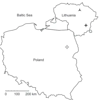 Fig. 1. Geographic map of Poland and Lithuania with the location of the sample sites in Lithuania ( , Vilnius; isolates: DK-1.8, DK-1.18, DK-1.2, DK-1.6; DK-2.6, DK-2.9, DK-2.4, DK-3.3; , Pakruojis district;