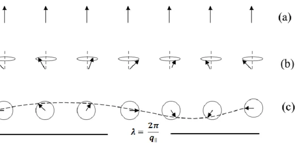 Figure 2.15: Semiclassical representation of spin wave in a ferromagnet: (a) the ground state  (b) a spin wave of  precessing spin vectors (viewed in perspective) and (c) the spin wave (viewed from above) showing a complete 