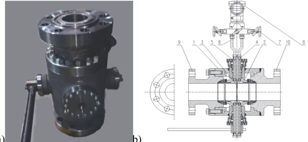 Fig. 1. KP100 valve a) photo, b) valve design; 1 – valve housing, 2 – ball,   3 – measuring orifice, 4 – spindle, 5 – pulse hole, 6 – impulse tube, 7 – five-way  valve, 8 – differential pressure transducer, 9 – inlet mounting flange, 10 – outlet  mounting 