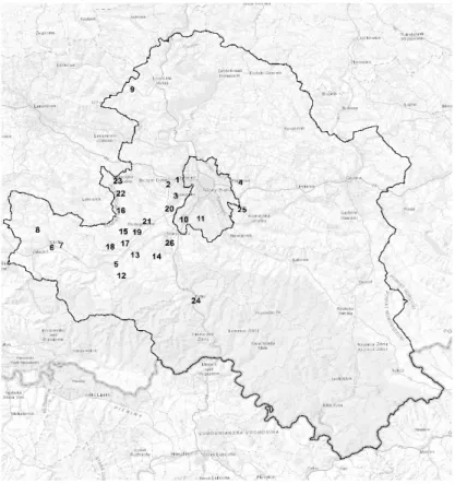 Fot. 1. Rozmieszczenie kolonii józefińskich w powiecie nowosądeckim  Fot. 1. Location of the Josephone colonies district in Nowy Sącz 