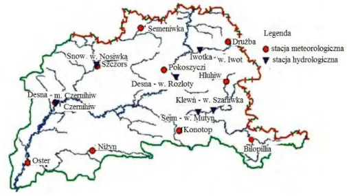 Fig. 2. Diagram of the distribution of hydrological and meteorological stations in the Desna  River basin  