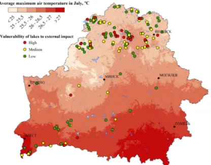 Fig. 3. Spatial patterns of vulnerability of lakes of Belarus to external impact according to the  scenario RCP2.6