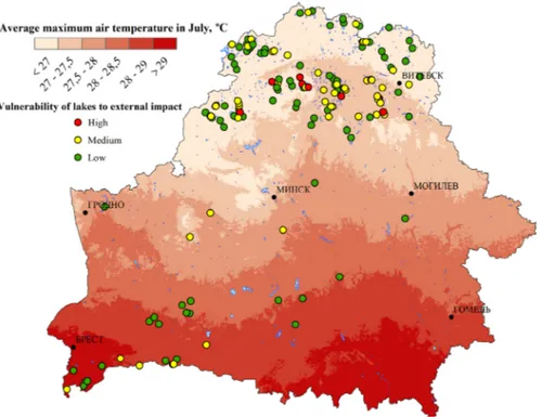 Fig. 5. Spatial patterns of vulnerability of lakes in Belarus to external impact according to the  scenario RCP4.5