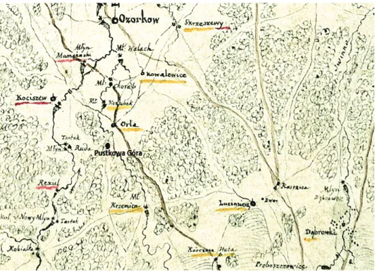 Fig. 1. Norbertanki of Łęczyca monastery areas had been appearing before Dutch settlement  on  the  Mappa    Szczegulna  Woiewodztwa  Łęczyckiego,  1:225  000,  1793,  by  K