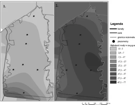 Fig. 8. Groundwater level isobaths in the month 1-most humid (December) and 2 driest (No- (No-vember) 