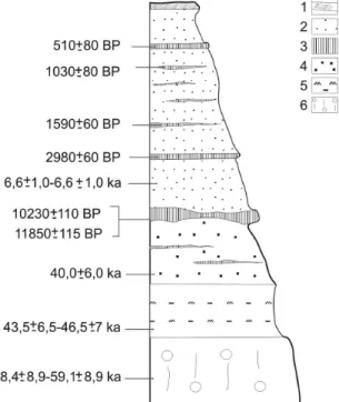 Fig. 4. Generalized lithological profile of Orzechów cliffs, description of rocks and dating –  after Marsz and Tobolski (1993), Florek et al